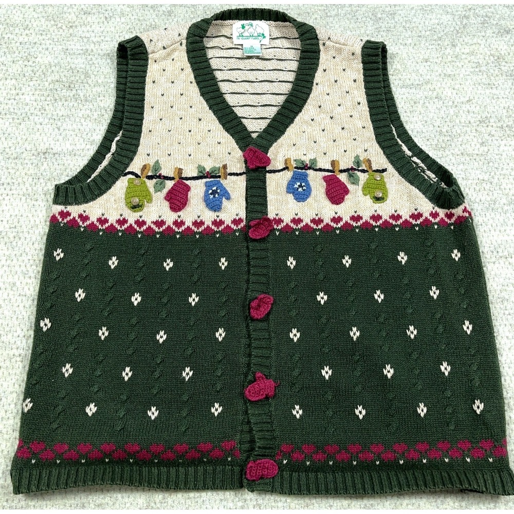 Vintage Quaker Factory Sweater Vest Women 1X Green Cardigan Knit Mittens‎ Winter